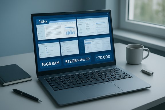 A modern laptop on a desk displays hardware specs like 16GB RAM and 512GB NVMe, beside a notebook and mug.