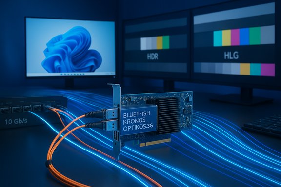 Bluefish Kronos Optikos 3G PCIe card in a lab with HDR/HLG color bars on monitors.