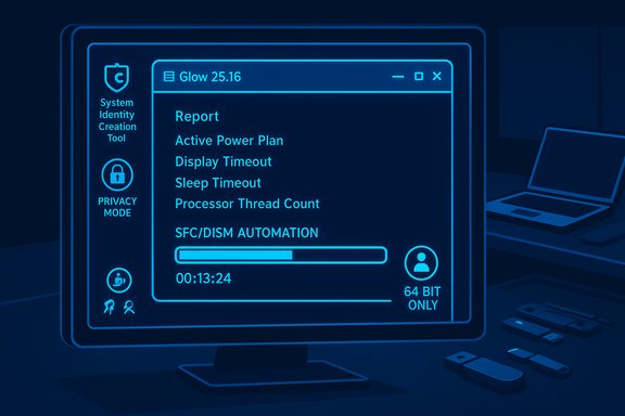 Neon blue screen shows a futuristic system tool UI with privacy mode and a progress bar.