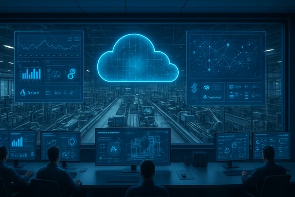 Industrial control room with Azure cloud dashboards and data graphs.