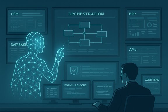 A holographic figure explains orchestration flow to a seated analyst.