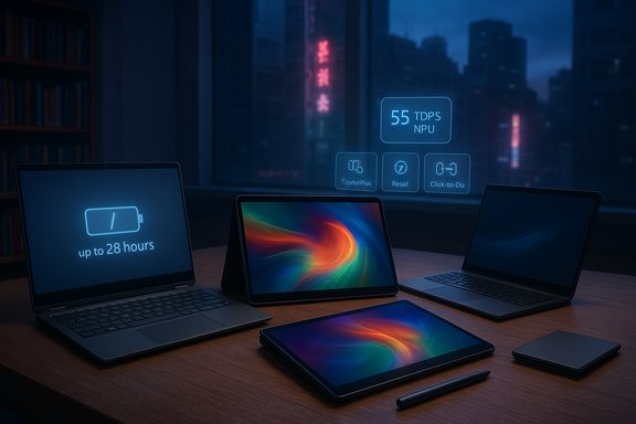 A nighttime desk setup with several laptops and tablets, plus a holographic display of specs.