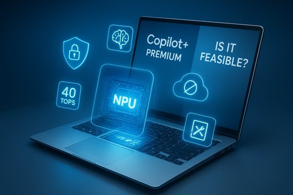 Futuristic laptop displaying glowing AI icons and Copilot+ Premium on screen. Futuristic laptop displaying glowing AI icons and Copilot+ Premium on screen.