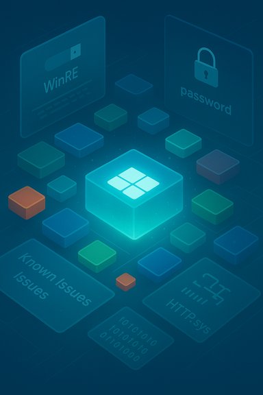 A glowing Windows logo cube sits among colorful floating blocks, with WinRE and password panels.