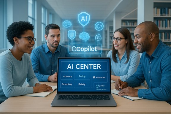 Diverse team collaborates around a laptop displaying an AI Center interface with holographic AI icons in a library. Diverse team collaborates around a laptop displaying an AI Center interface with holographic AI icons in a library.