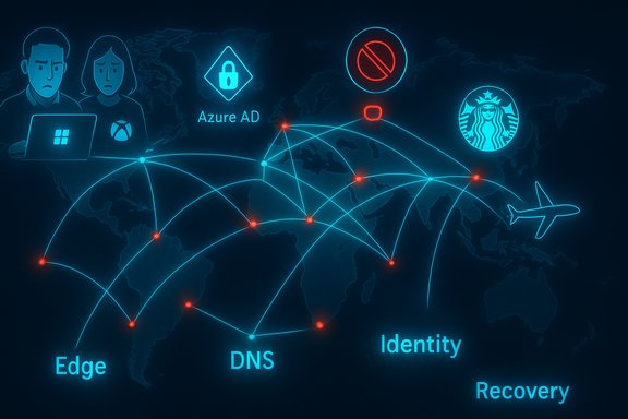 Neon world map showing a connected network with Azure AD, edge, DNS, identity and recovery icons.