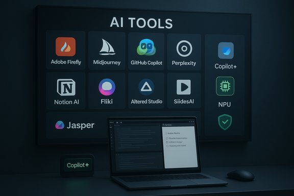 A dark wall display titled 'AI TOOLS' shows a grid of AI apps with a laptop nearby.