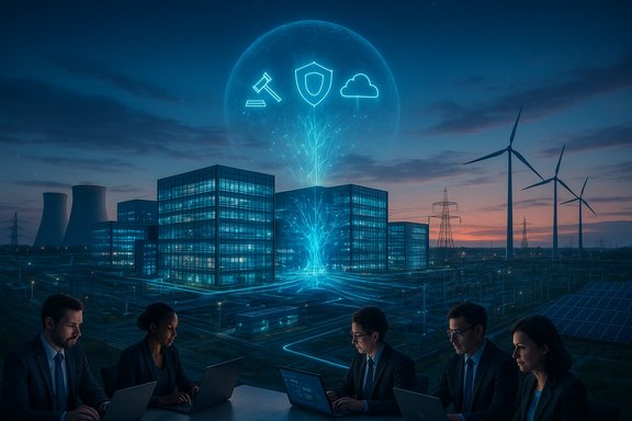 A futuristic city with wind turbines and a glowing blue holographic security icon above a tech campus as the team works