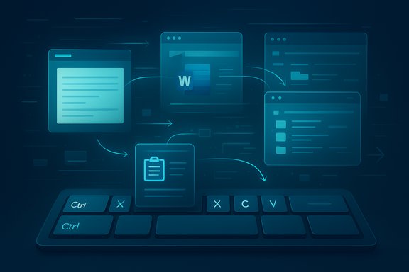 Blue digital workflow: interconnected documents flow across a keyboard.