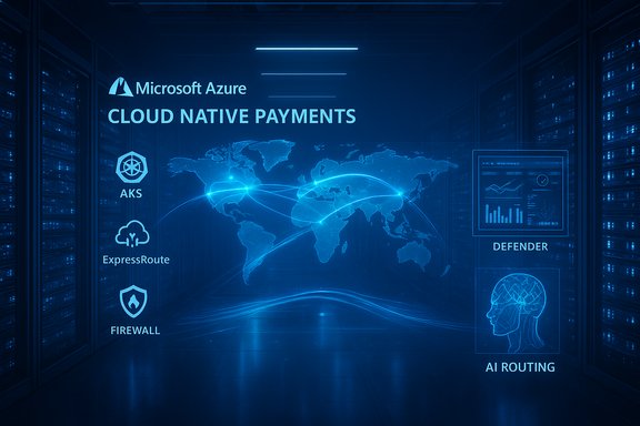 Azure Cloud Native Payments dashboard in a blue data center, with AI routing and Defender. Azure Cloud Native Payments dashboard in a blue data center, with AI routing and Defender.