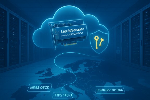 Blue data-center graphic featuring a cloud outline, LiquidSecurity card, shield with keys, and a world map.