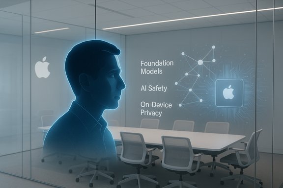 Blue silhouette of a man in a glass-walled conference room, with Foundation Models, AI Safety, and On-Device Privacy.