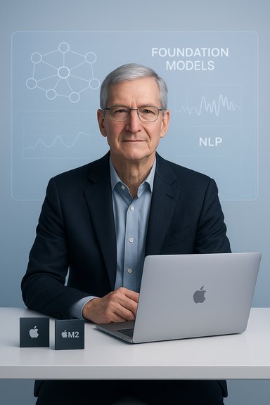 A senior man in a suit with glasses sits at a desk with a MacBook, while a blue HUD shows Foundation Models.