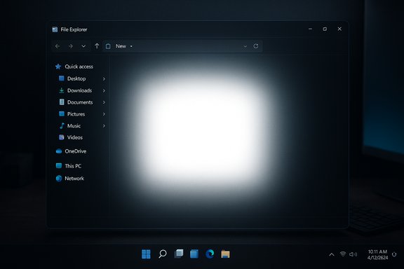 A dark Windows 11 File Explorer window on a dim desktop with a bright glowing center.