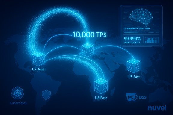 Global blue holographic network linking UK South and US East nodes at 10,000 TPS.