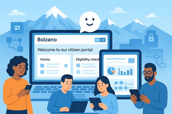 People use a digital citizen portal on large screens against a mountain backdrop.