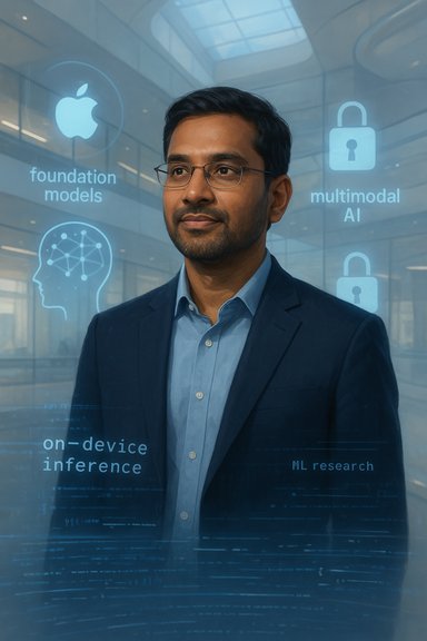 A professionally dressed man stands before a glass wall displaying AI holograms about foundation models.
