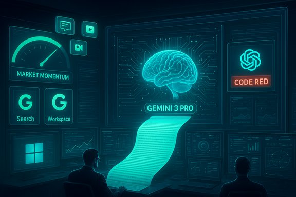 Futuristic control room with neon panels, a glowing brain, and a Gemini 3 Pro scroll.