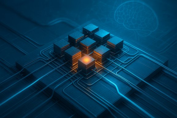 A futuristic microchip with a glowing orange core cube amid blue circuitry.