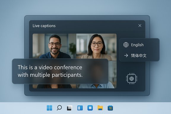 Video conference UI with live captions and language options for multiple participants.
