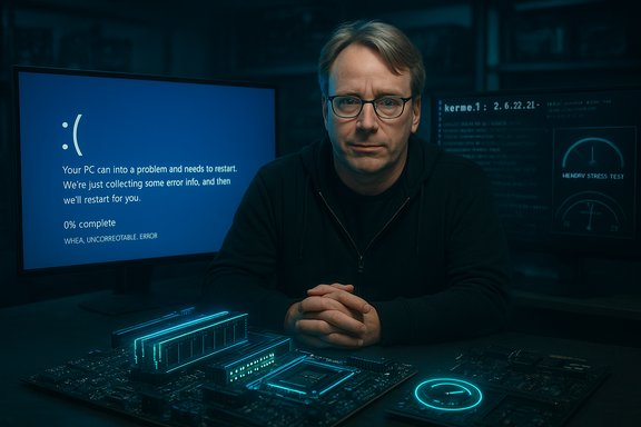 A man with glasses sits at a glowing tech desk as a blue Windows error screen looms behind him.