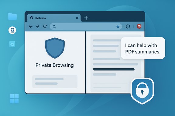 Private browsing interface with a shield icon and a chat bubble offering PDF summaries.