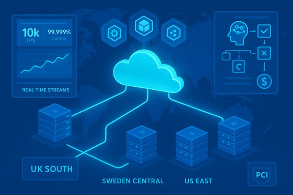 A neon blue cloud links multiple regional data centers in a global network.