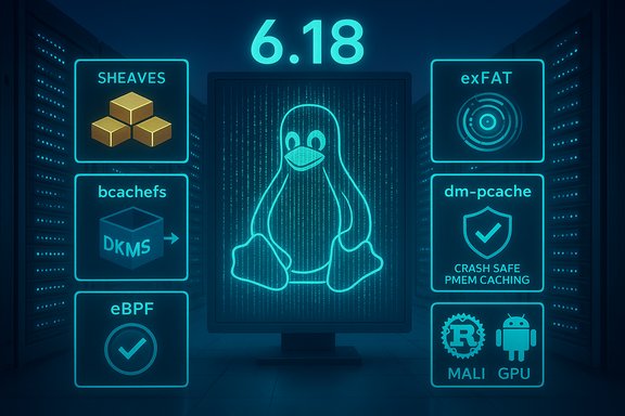 Neon blue data center with a glowing Linux penguin on a central screen, flanked by storage and caching panels.