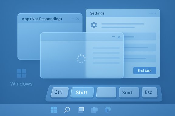 Blue Windows-style UI with an App Not Responding window, Settings panel, and a loading spinner.