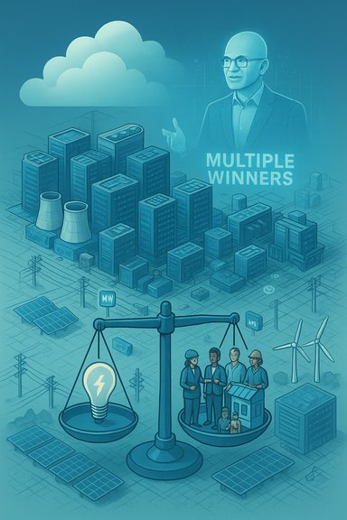 Cityscape powered by renewables, with a scale symbolizing energy equity for multiple winners.