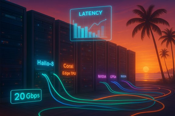 Tropical sunset over neon-lit server racks with glowing cables and a latency graph.
