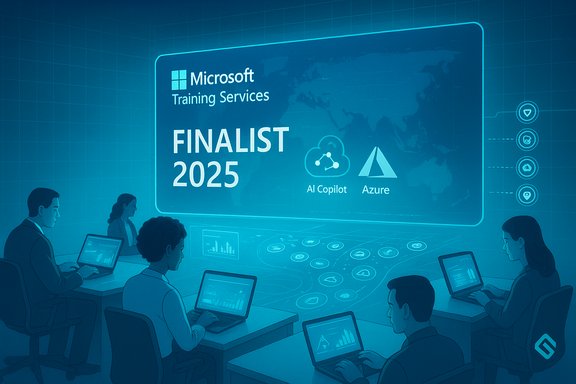 Blue-toned training room showing Microsoft Training Services Finalist 2025 with AI Copilot and Azure icons.