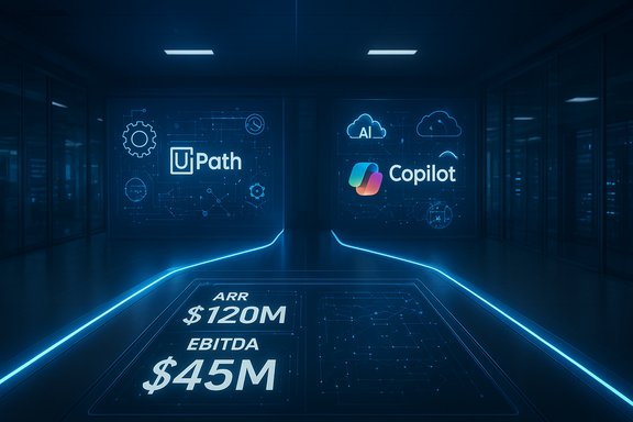 Futuristic data hall featuring UPath and Copilot branding, with glowing ARR $120M and EBITDA $45M on the floor.