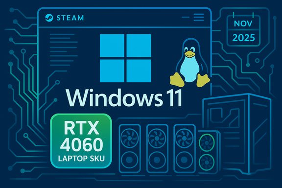 Windows 11-themed tech collage featuring RTX 4060 laptop GPU, Steam logo, and Linux Tux on circuitry.