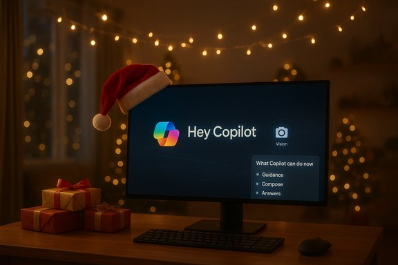 Holiday desk setup with a Santa hat on the monitor, warm string lights, and wrapped gifts.