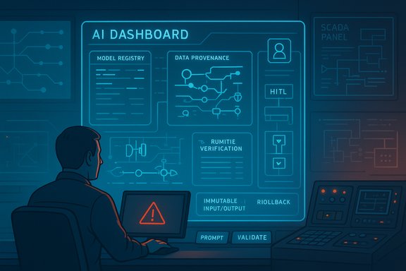 An operator monitors a blue AI dashboard with panels for Model Registry and Data Provenance.