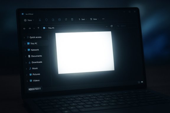 Laptop screen shows Windows File Explorer in dark mode with a bright blank image.