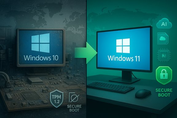 Windows 10 to Windows 11 upgrade, highlighting TPM and Secure Boot requirements.