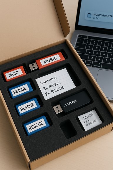 Foam-packed USB drive kit labeled Music and Rescue sits beside a laptop.