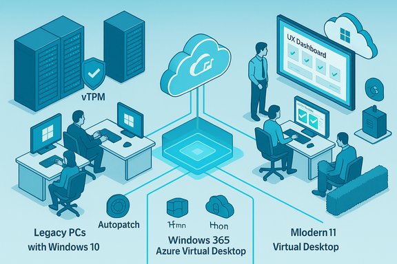 Isometric illustration of cloud-based Windows virtualization options: legacy PCs, Azure Virtual Desktop, and Modern11.
