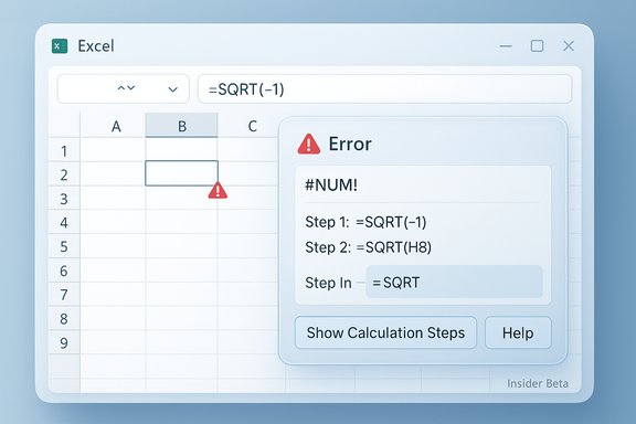 Excel-like window shows a #NUM! error from SQRT(-1) with calculation steps.