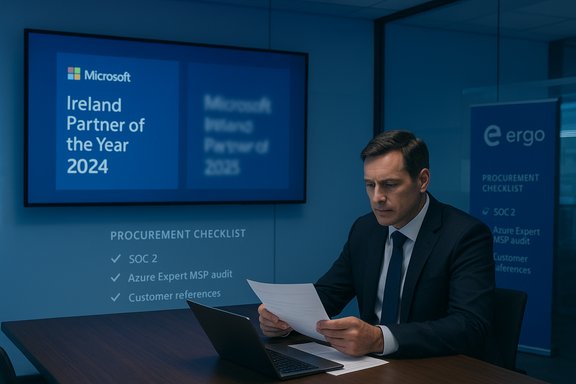 A businessman in a suit reviews procurement documents during a Microsoft Ireland award presentation.
