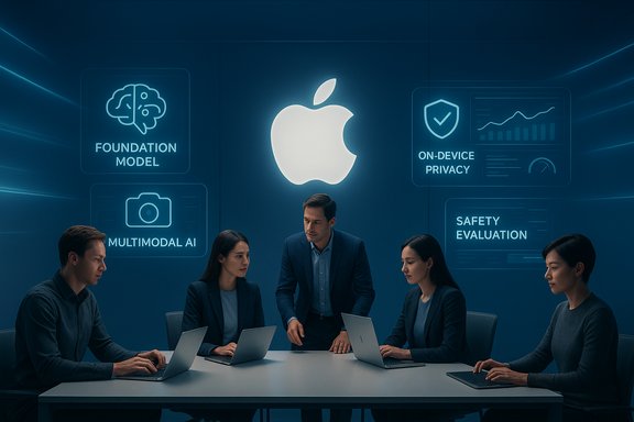 Five professionals in a high-tech meeting around laptops, under a glowing Apple logo.