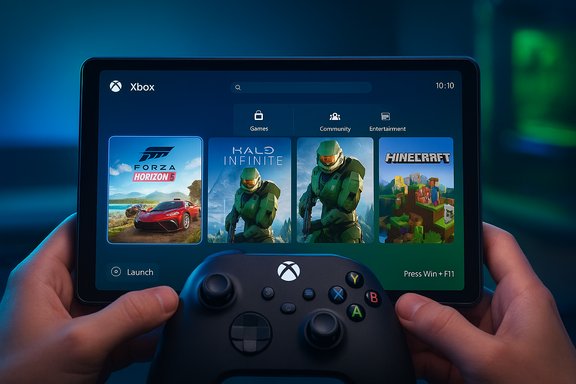 A handheld tablet displays an Xbox game library (Forza Horizon 5, Halo Infinite, Minecraft) with a wireless controller.