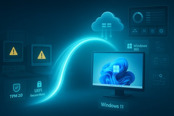 Futuristic Windows 11 setup connects PCs to cloud with TPM 2.0 and Secure Boot.