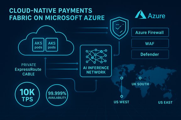Cloud-native payments fabric on Azure featuring AI inference and global security.