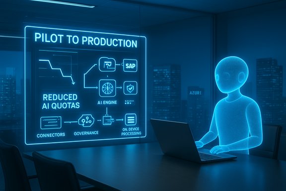 A blue holographic board showing Pilot to Production maps AI workflow beside a glowing figure at a laptop.