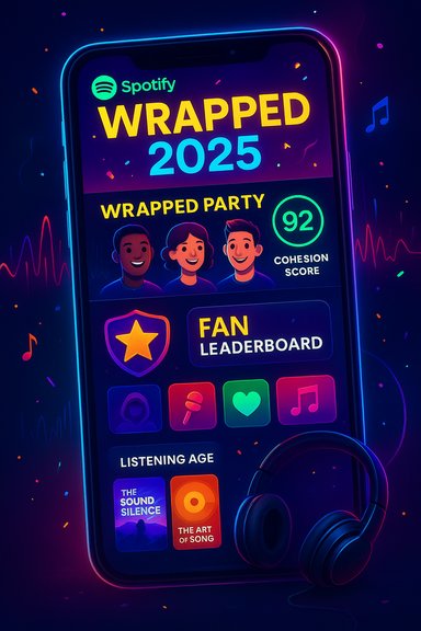 Neon Spotify Wrapped 2025 on a smartphone, showing Wrapped Party, cohesion score, and avatars.