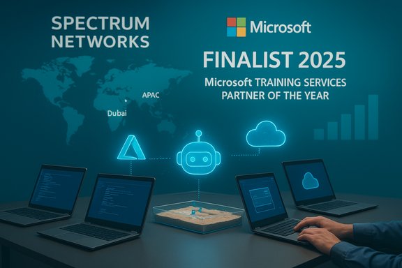 Microsoft Finalist 2025: Spectrum Networks showcases neon robot, cloud icons and laptops.