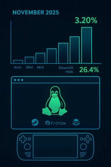 November 2025: rising Linux gaming share with SteamOS, Proton, and a Switch-like handheld.